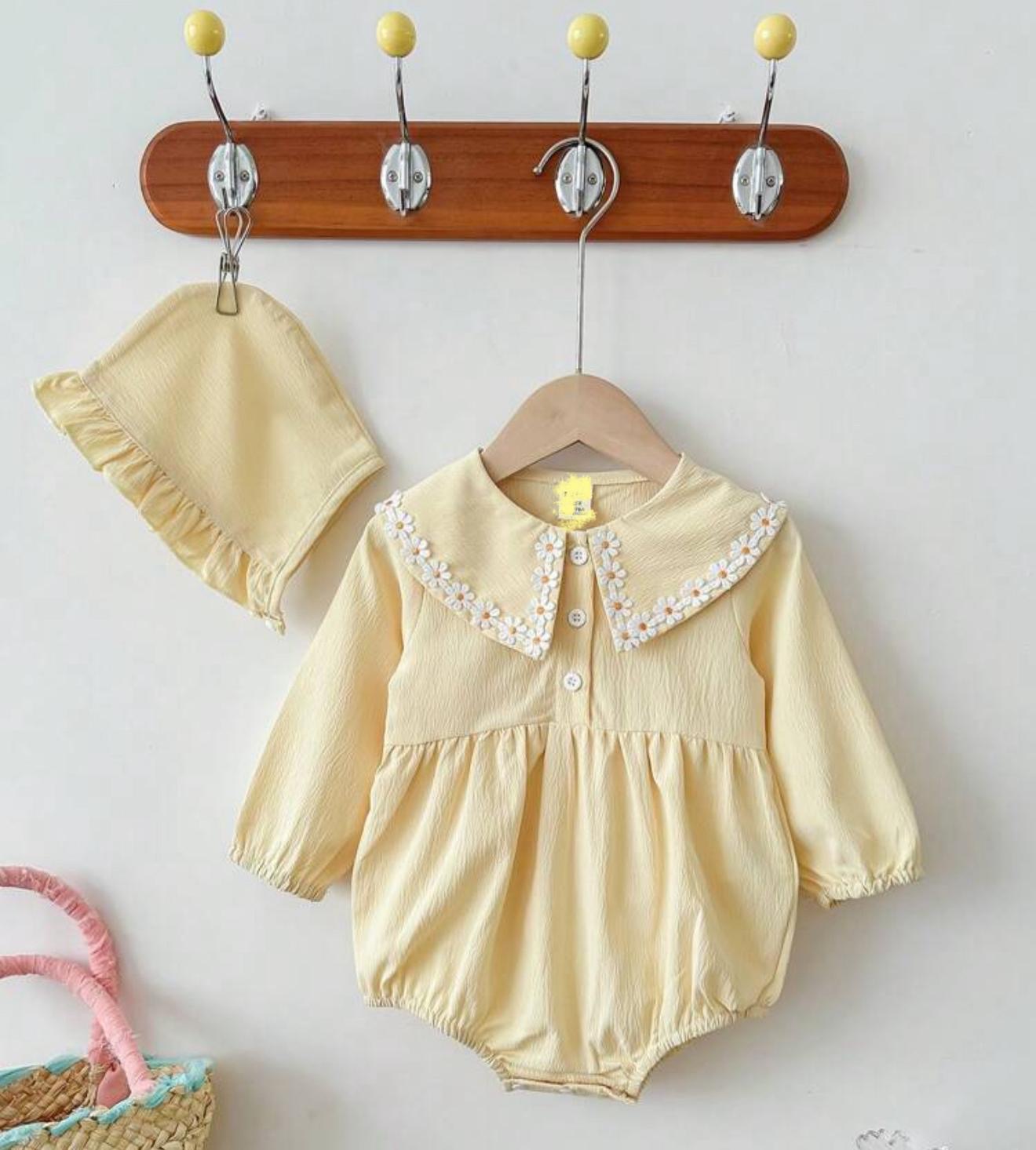 Light Yellow Full sleeve Romper with Cap
