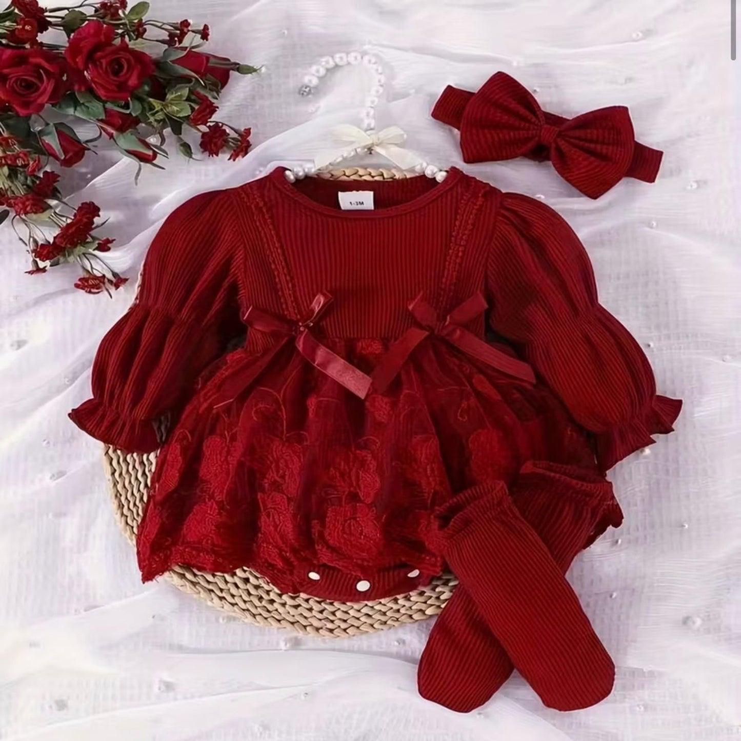 Full Sleeve Red Romper with Headband and Socks