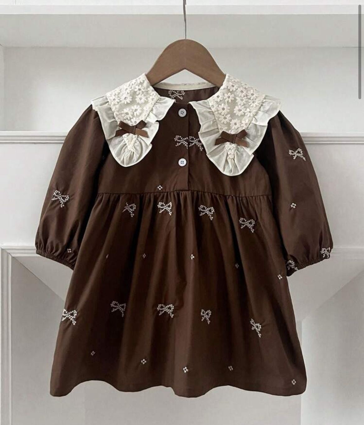 Brown Embroidered Bow Dress for Baby Girls
