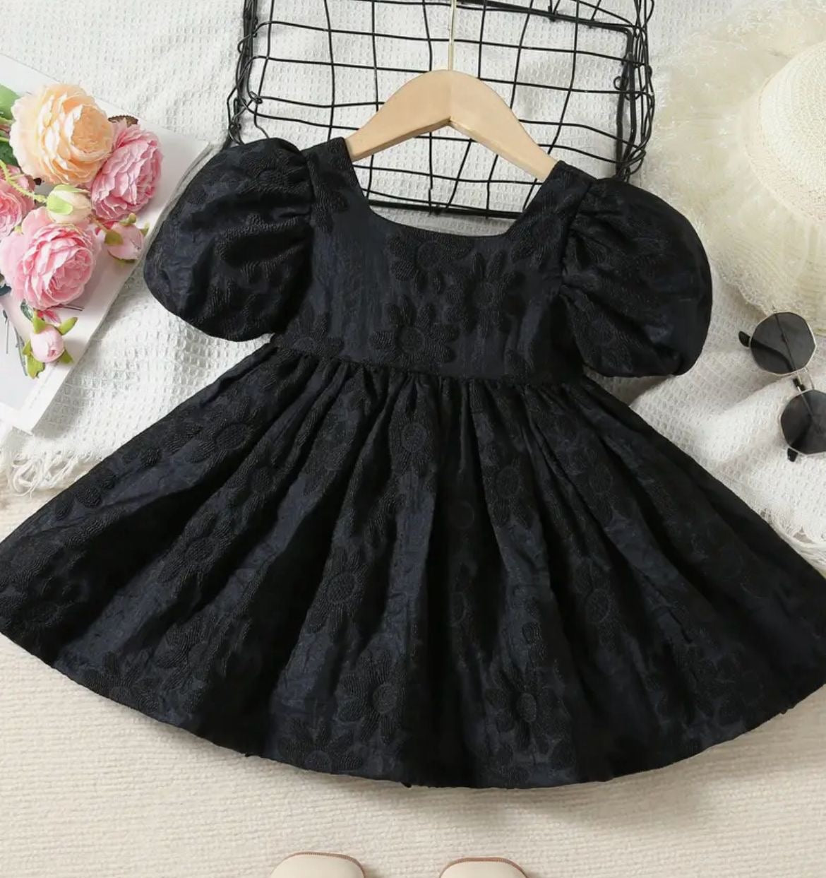 Black Puff Sleeve Baby Girl Party Dress
