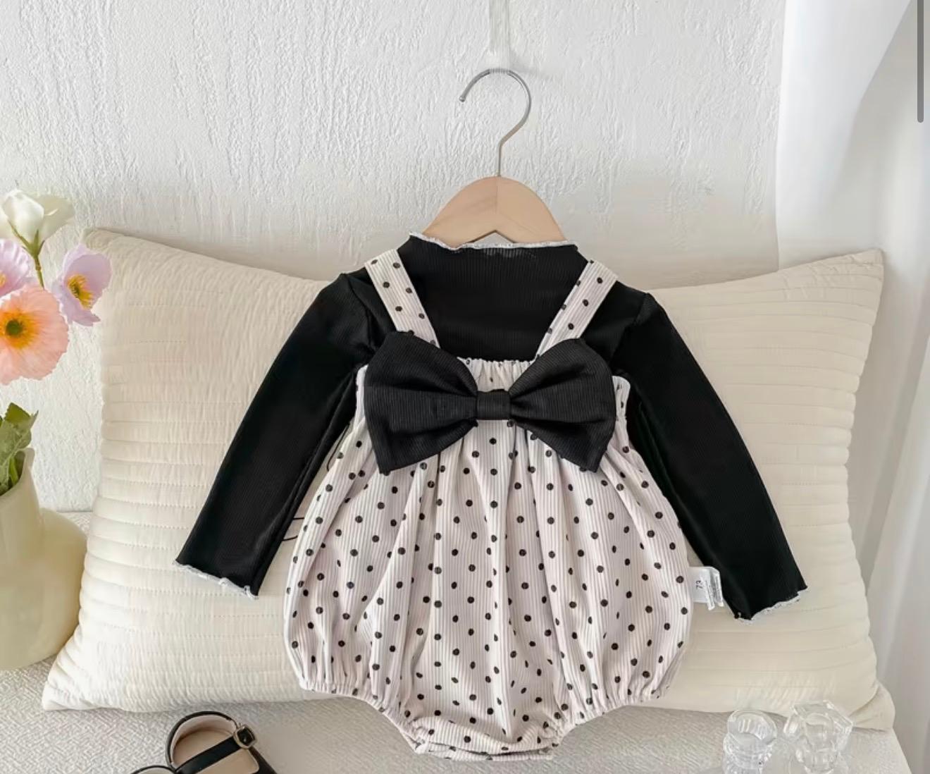 Black & White Polka Dot Romper Dress for Baby Girls with Bow Detail