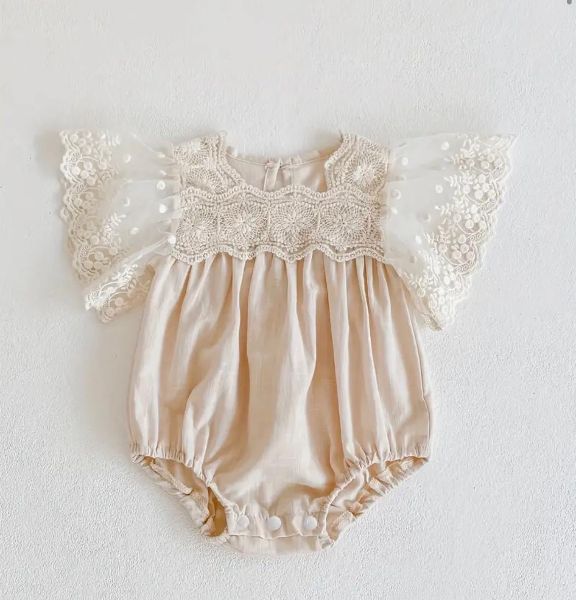 Ivory Lace Flutter Sleeve Baby Romper – Vintage Floral Embroidery