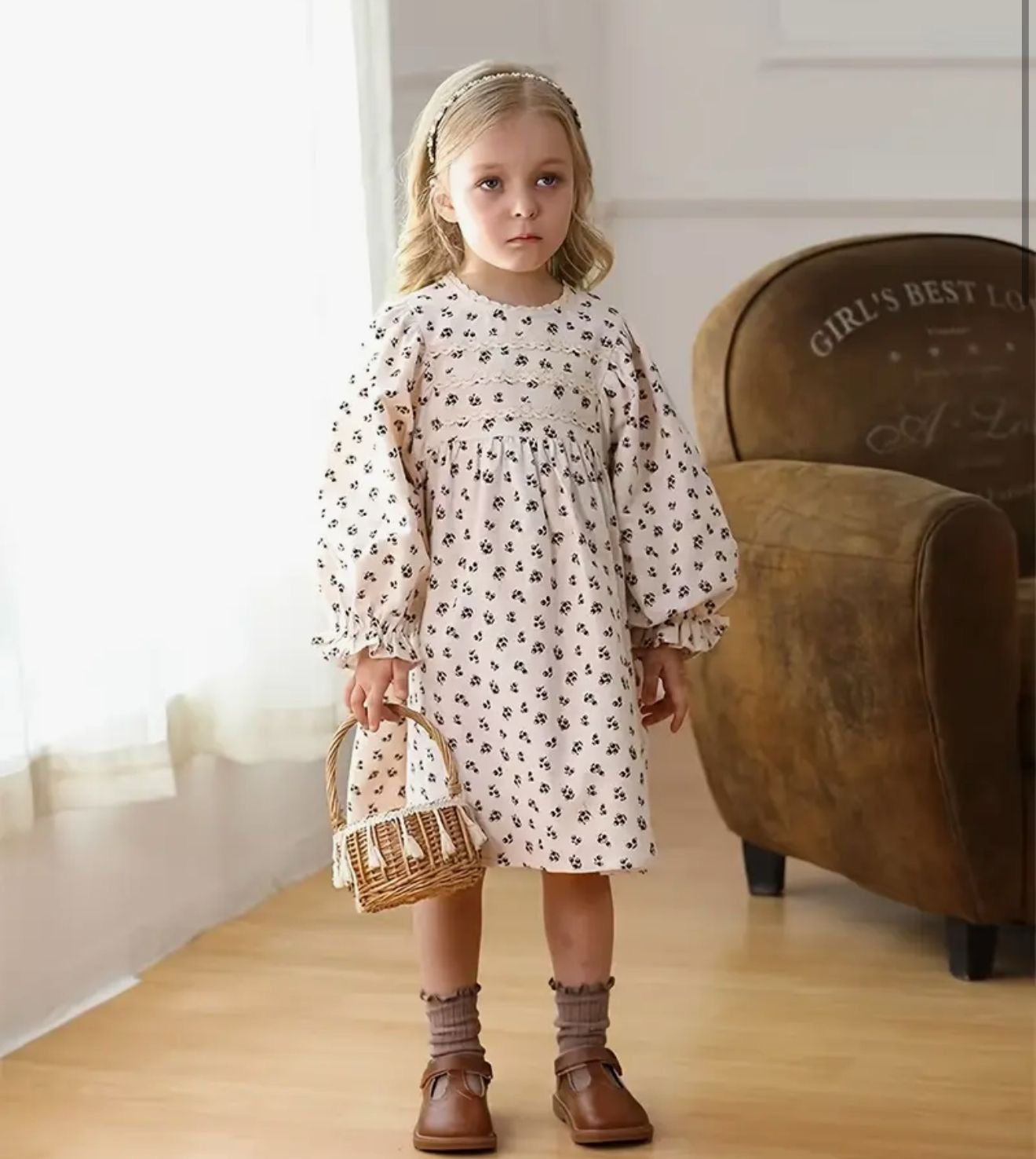 Vintage Floral Puff Sleeve Dress – Beige Cotton Casual Wear for Girls