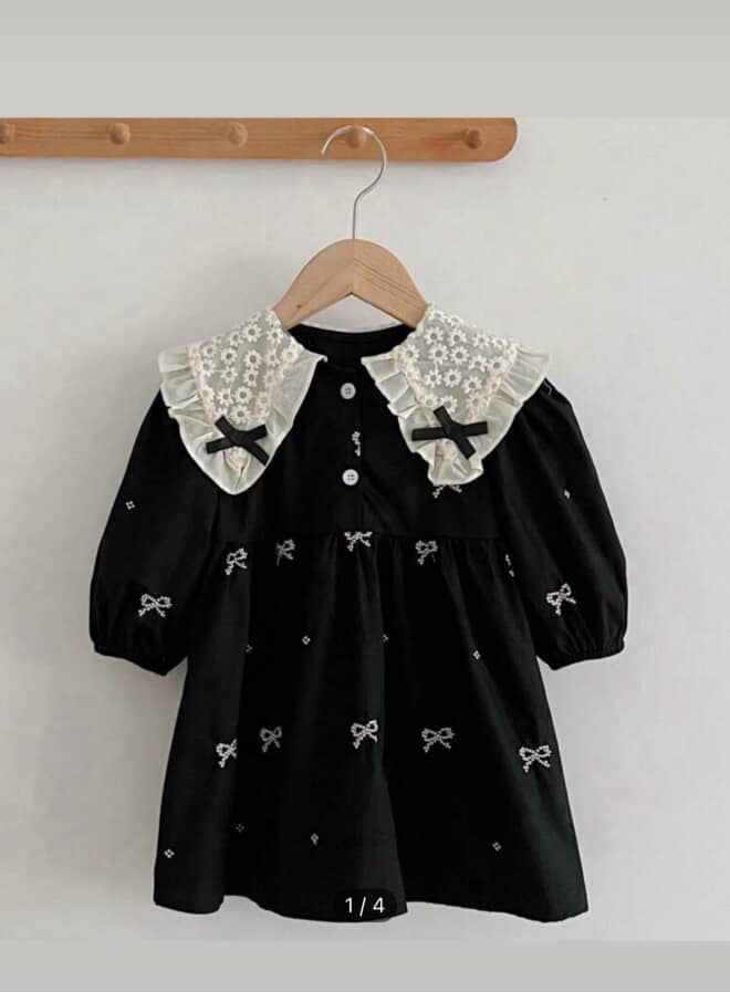 Black Embroidered Baby Girl Party Dress with Lace Collar