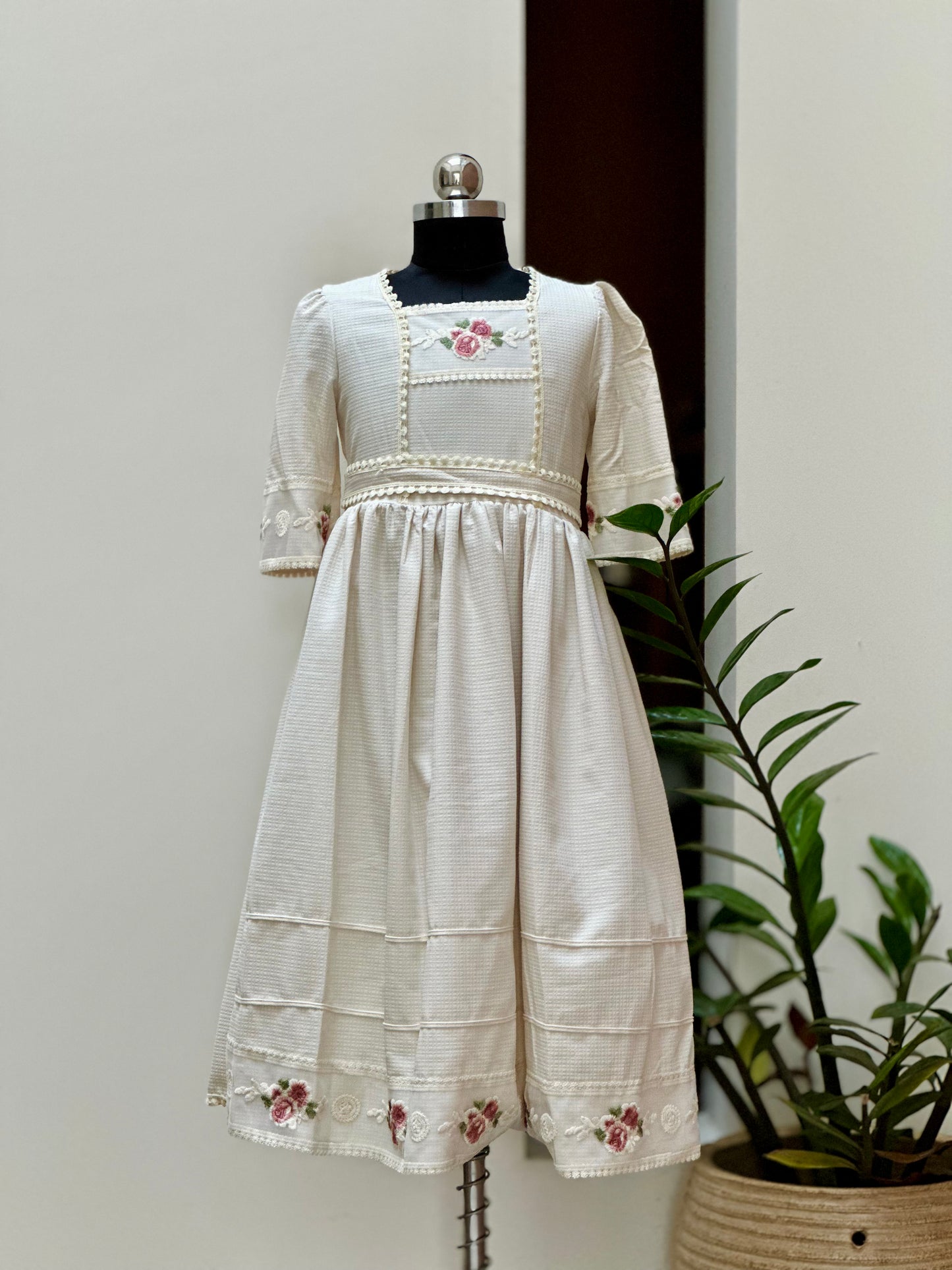 Pastel Green and Beige Frock with Floral Embroidery