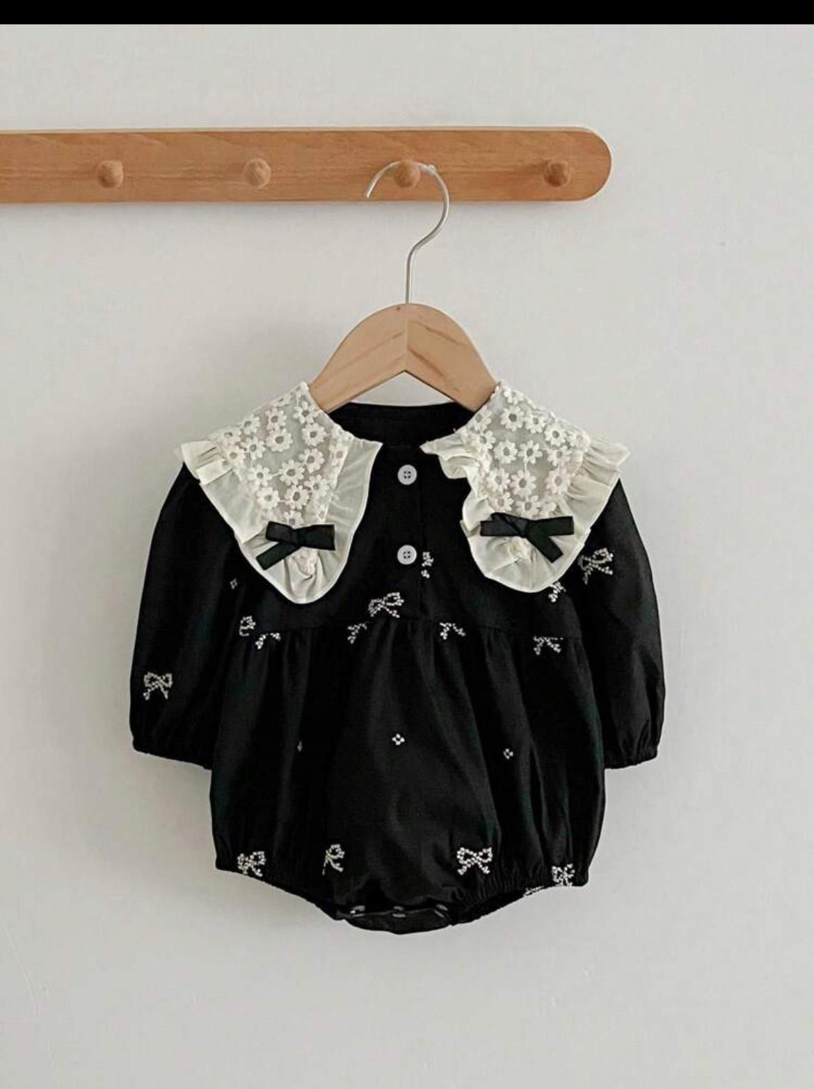 Black Baby Romper with Lace Collar & Bow Details | Premium Baby Partywear