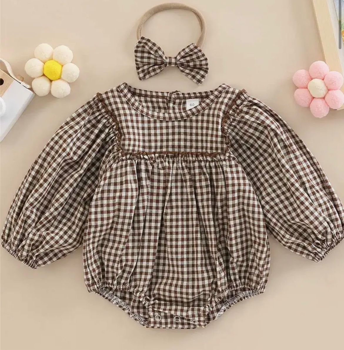 Brown Checked Romper with Bow