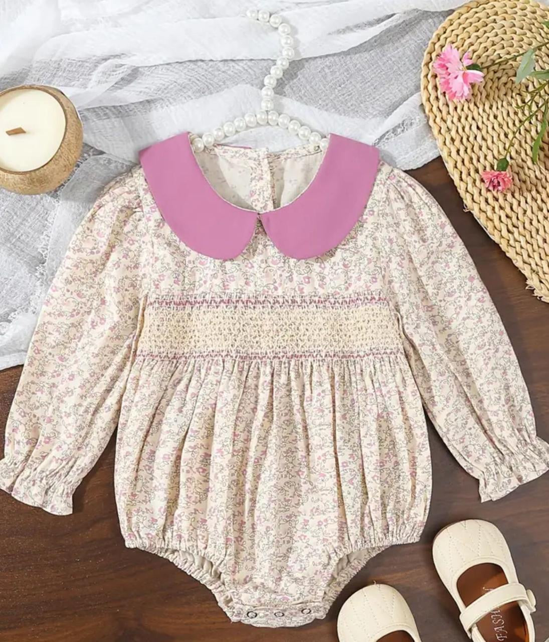 Floral Long Sleeve Baby Girl Romper with Peter Pan Collar