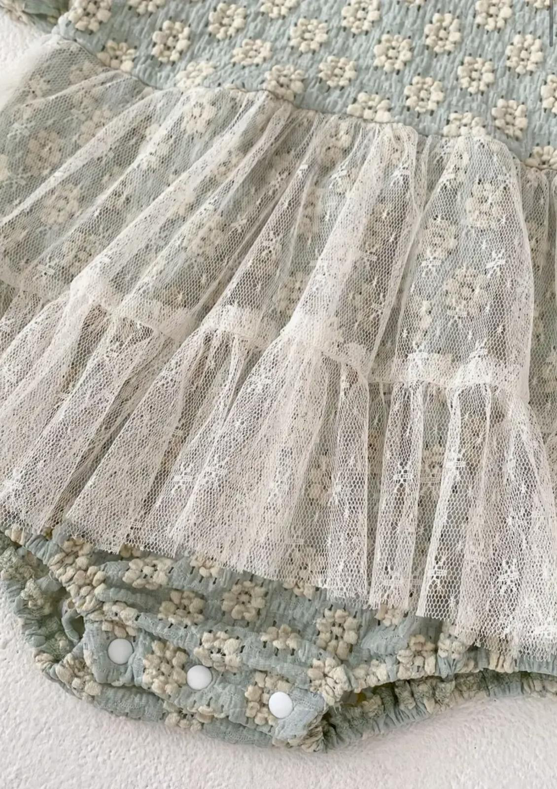 Green Half Sleeved Round Neck Romper with soft net Frills