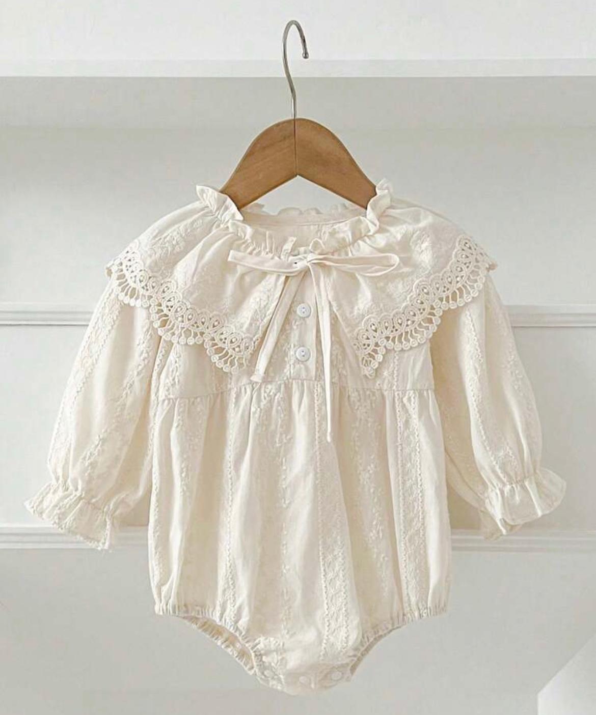 Ivory Lace Collar Baby Romper with Bow | Premium Baby Girl Partywear