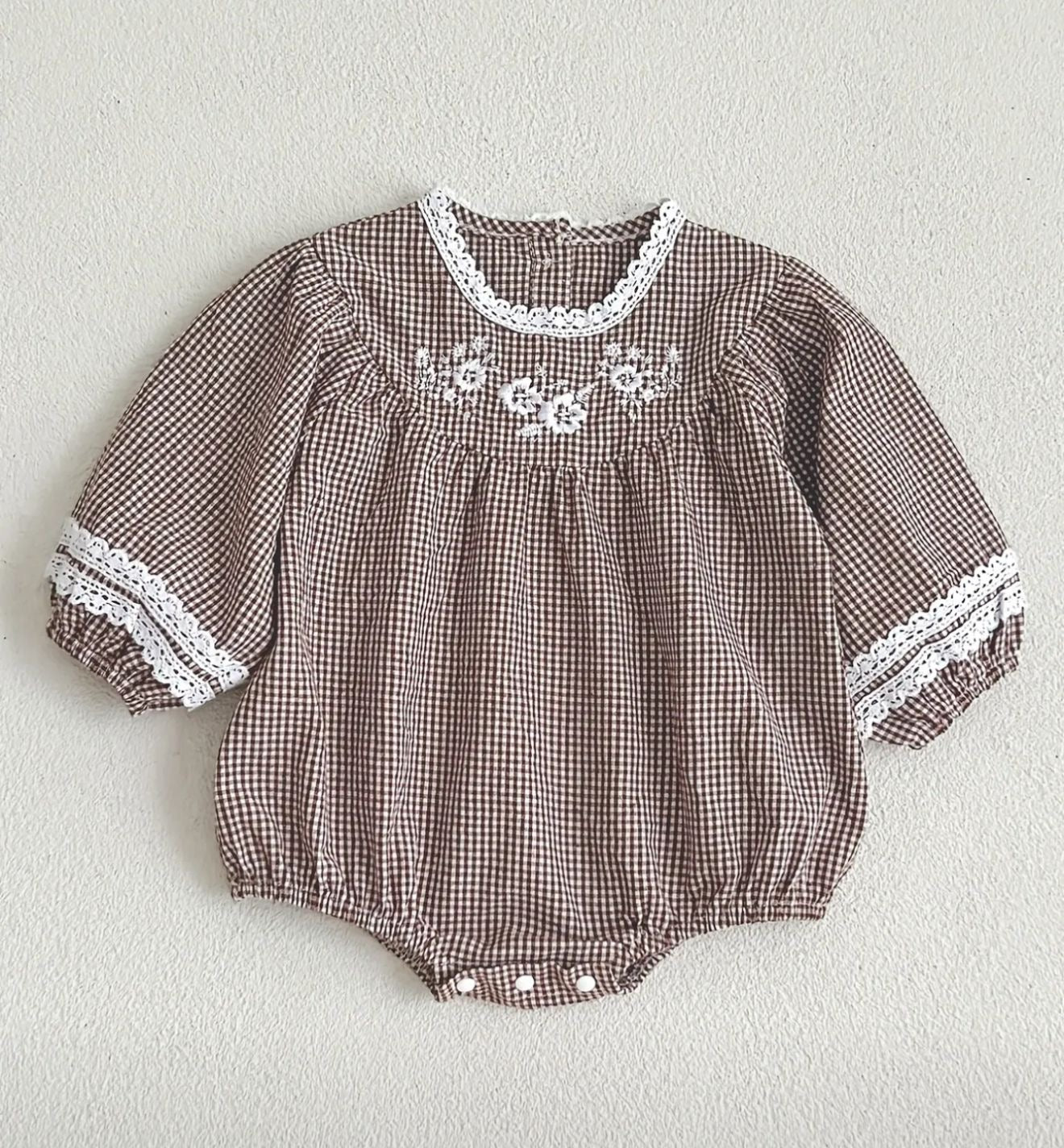 Brown Gingham Baby Romper with Lace Trim | Premium Baby Girl Wear
