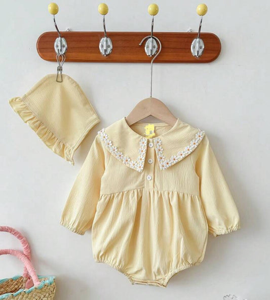 Light Yellow Full sleeve Romper with Cap