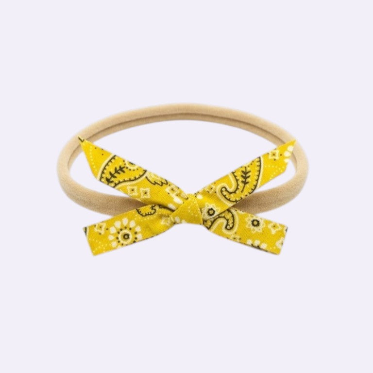 Yellow Paisley Knotted Bow Baby Headband – Soft Stretchy Nylon Band for Newborns & Toddlers