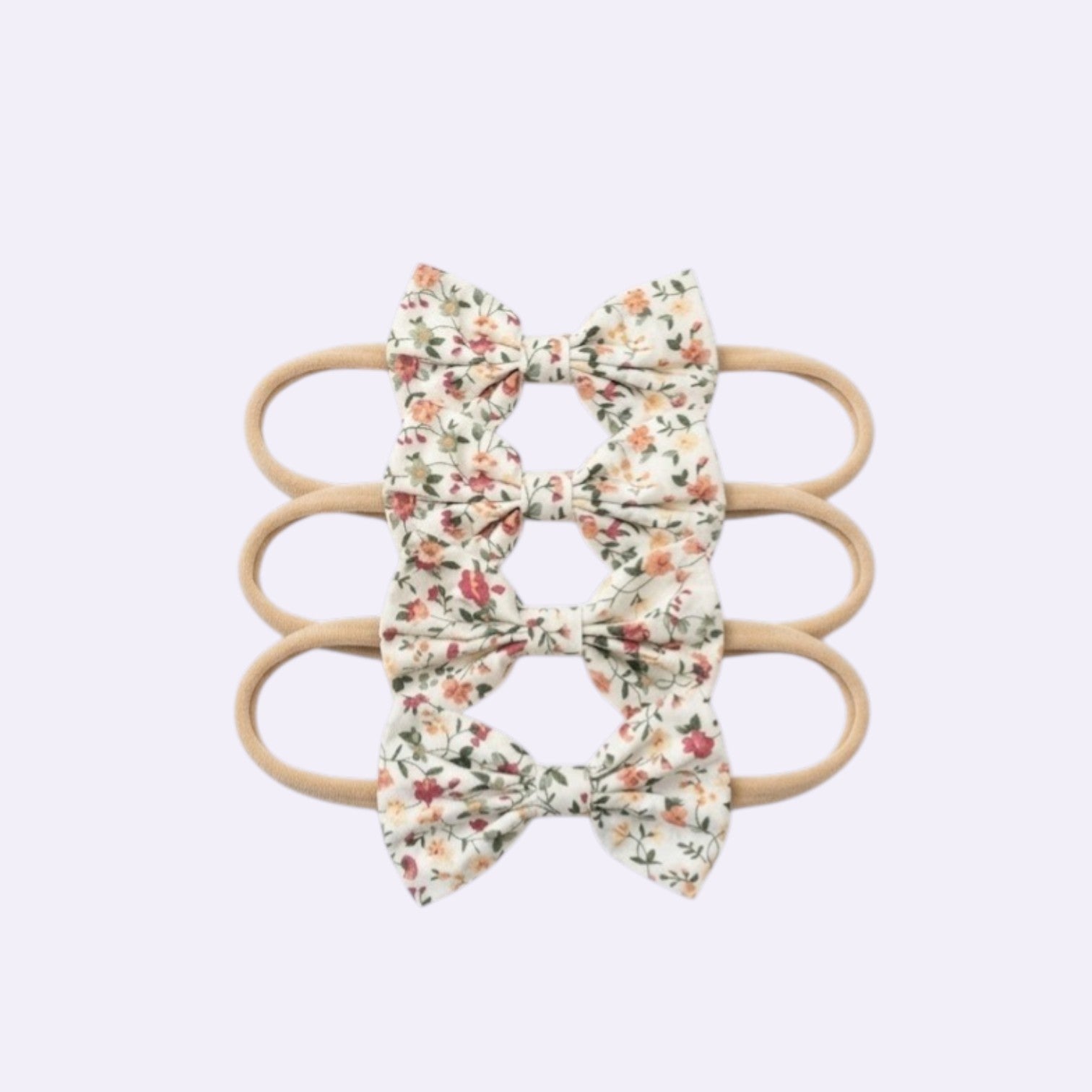 Vintage Floral Bow Baby Headband – Soft Cream Cotton Print on Stretchy Nylon Band