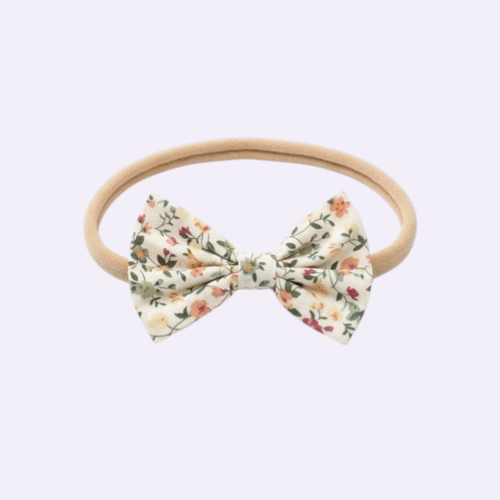 Vintage Floral Bow Baby Headband – Soft Cream Cotton Print on Stretchy Nylon Band