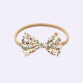 Vintage Floral Bow Baby Headband – Soft Cream Cotton Print on Stretchy Nylon Band