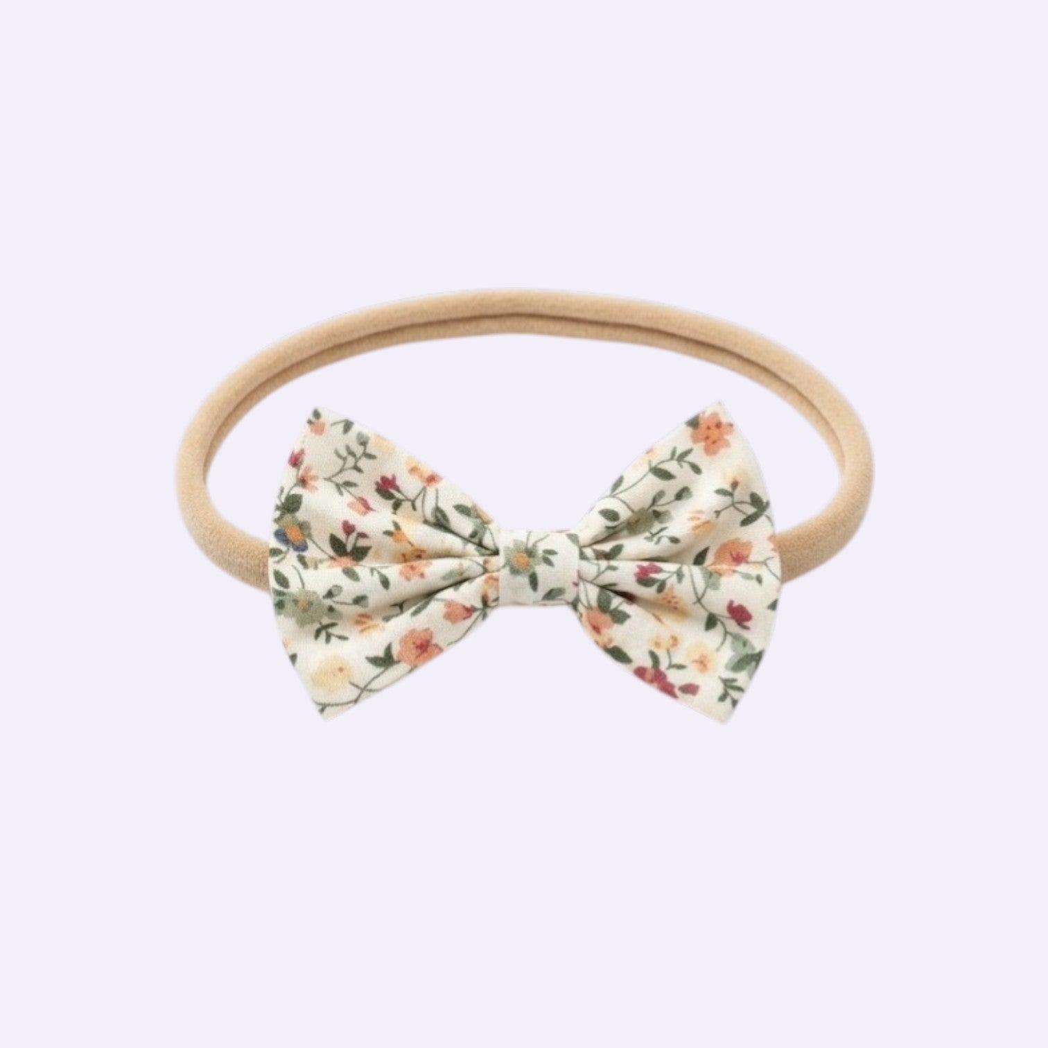 Vintage Floral Bow Baby Headband – Soft Cream Cotton Print on Stretchy Nylon Band