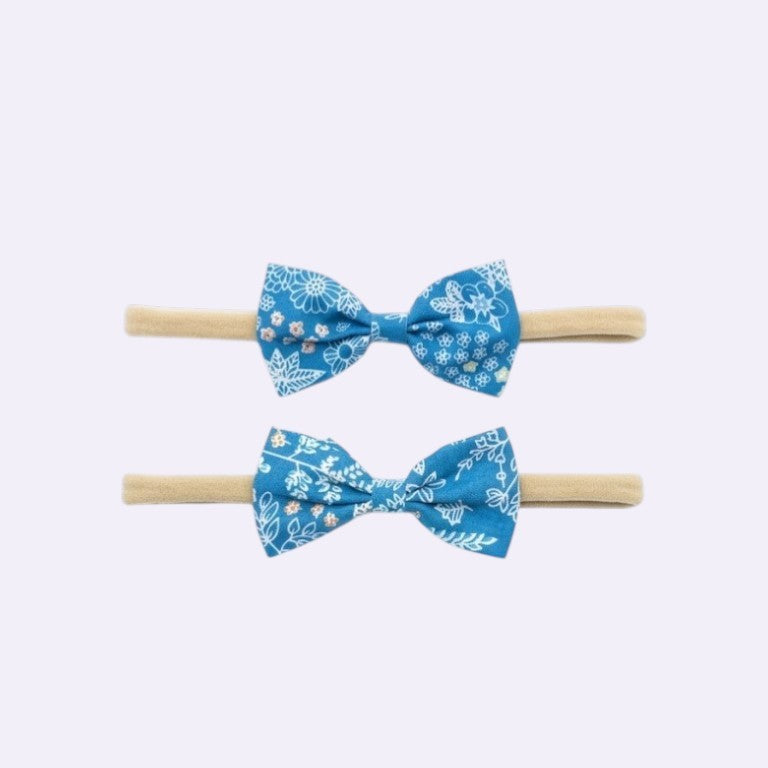 Blue Floral Bow Baby Headband – Soft Nylon Hair Band for Newborns & Toddlers