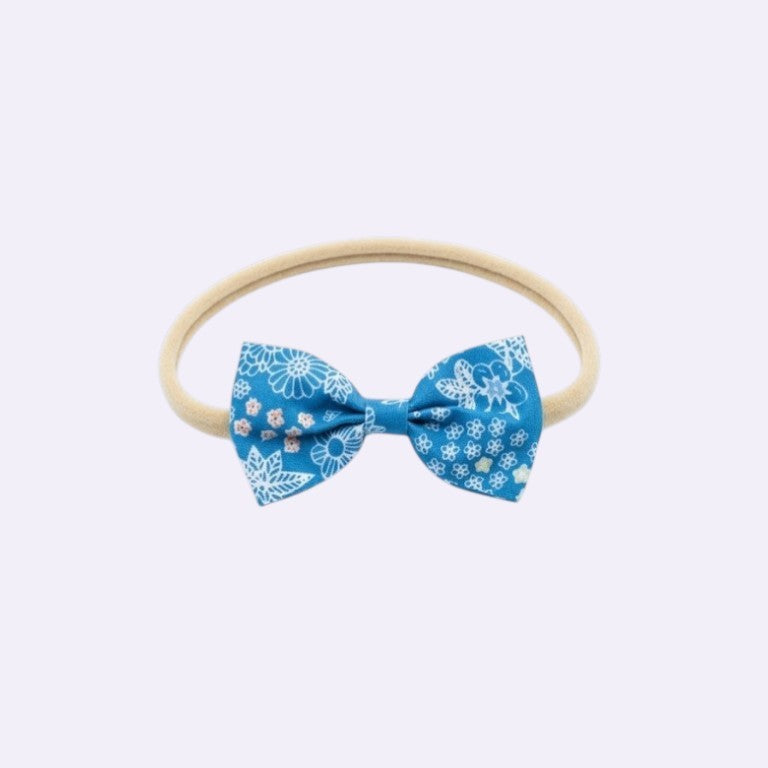 Blue Floral Bow Baby Headband – Soft Nylon Hair Band for Newborns & Toddlers
