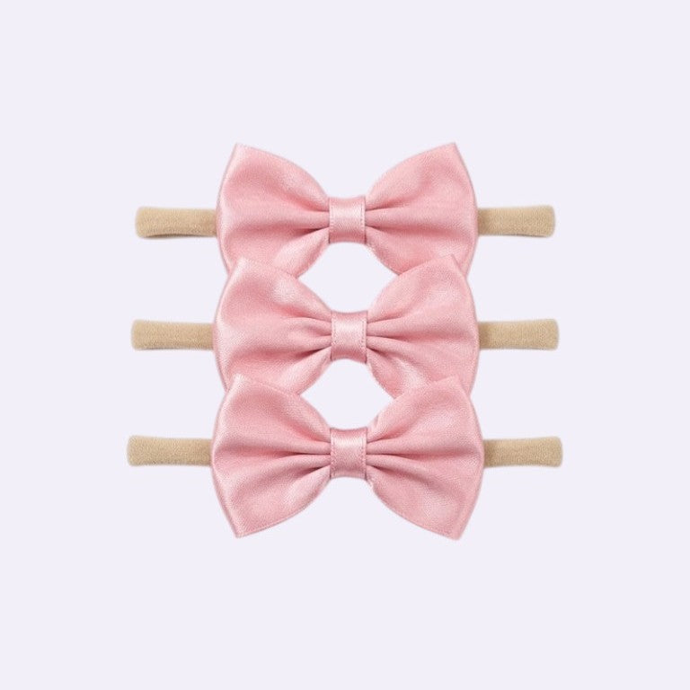 Pink Satin Bow Baby Headband – Elegant Soft Nylon Hair Band for Newborn Girls