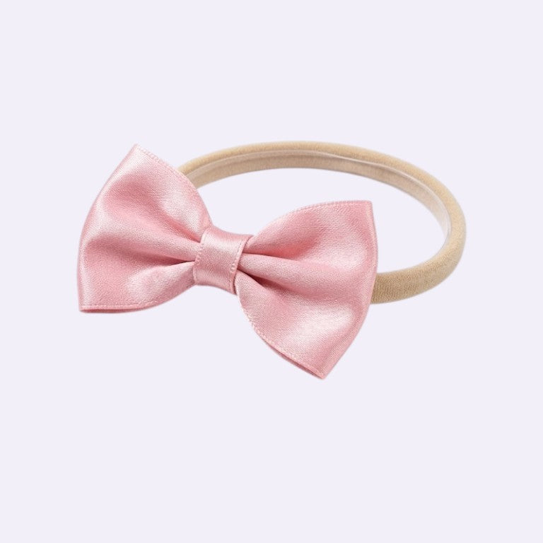 Pink Satin Bow Baby Headband – Elegant Soft Nylon Hair Band for Newborn Girls