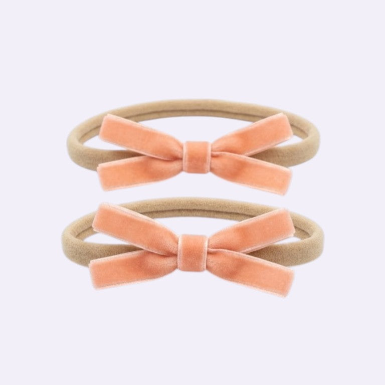 Peach Velvet Bow Baby Headband – Elegant Hand-Tied Ribbon on Soft Stretchy Nylon Band