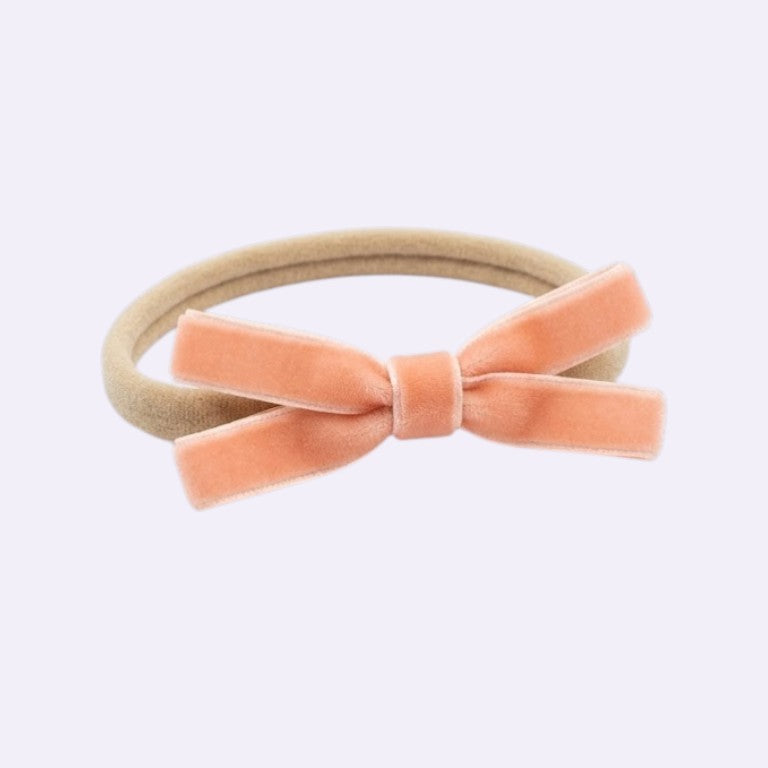 Peach Velvet Bow Baby Headband – Elegant Hand-Tied Ribbon on Soft Stretchy Nylon Band