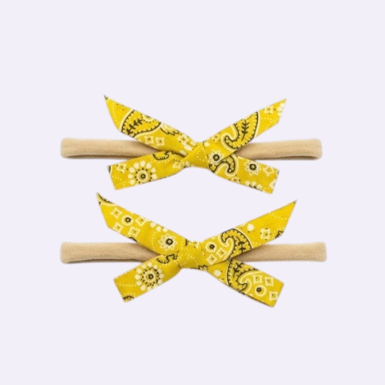 Yellow Paisley Knotted Bow Baby Headband – Soft Stretchy Nylon Band for Newborns & Toddlers