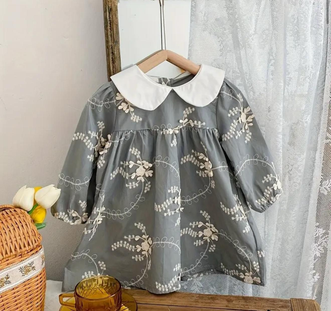 Grey Floral Baby Dress with Peter Pan Collar | Premium Baby Girl Partywear