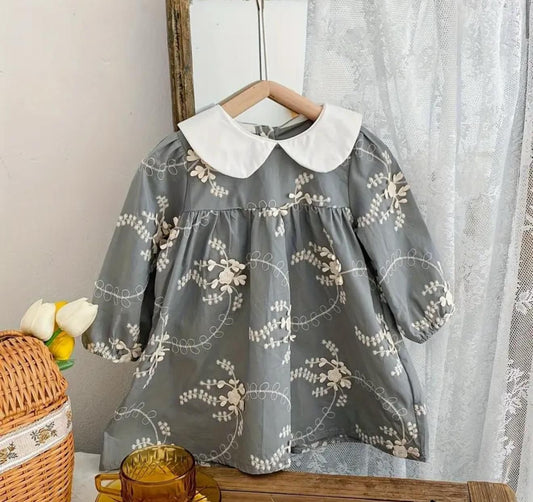 Grey Floral Baby Dress with Peter Pan Collar | Premium Baby Girl Partywear