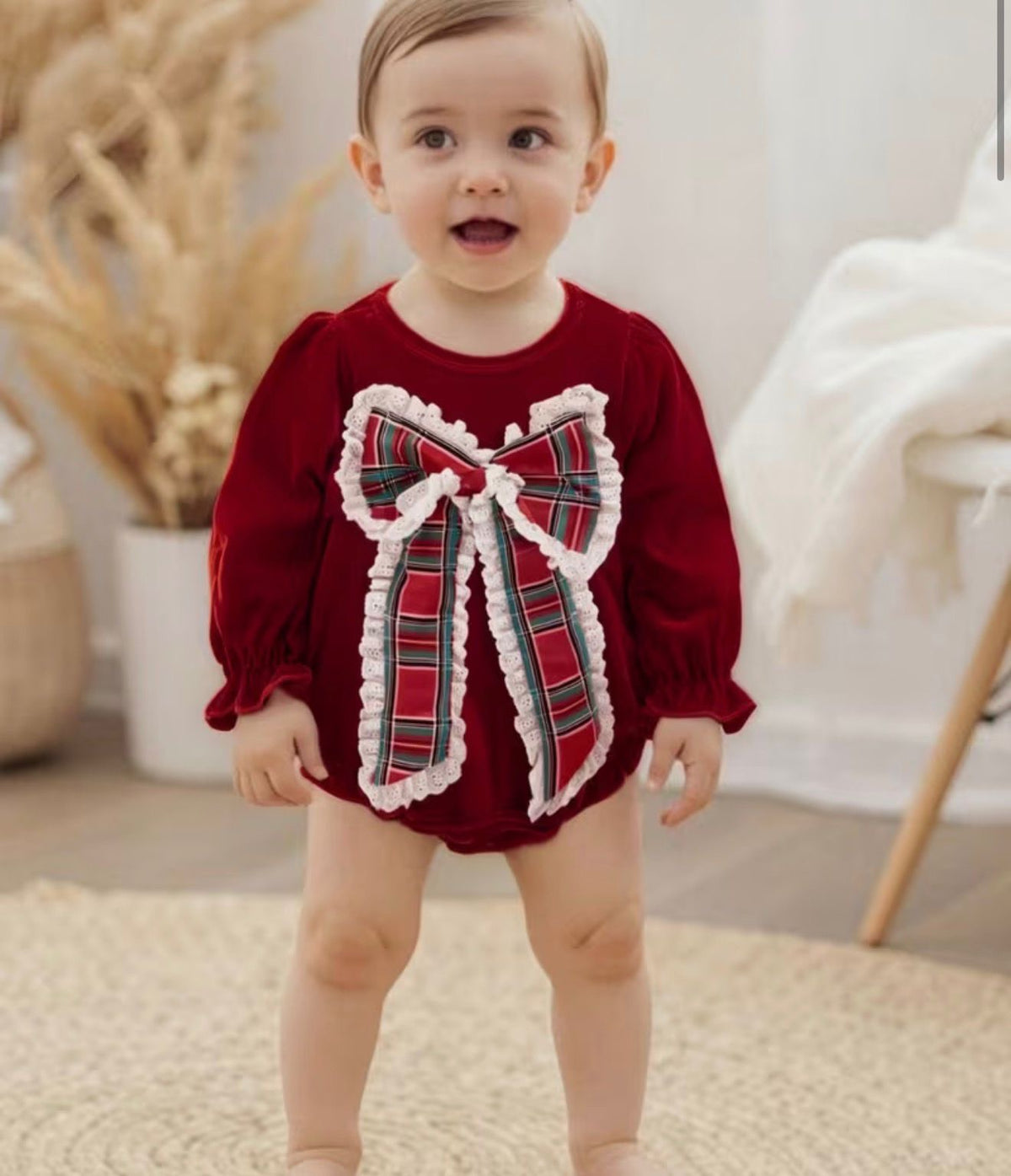 Velvet Plaid Bow Baby Girl Christmas Romper