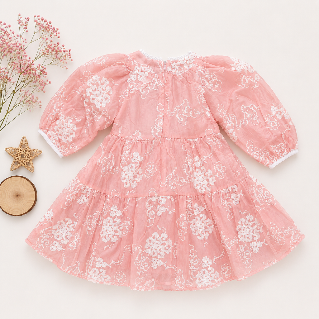 Ethereal Organza Tiered Dress with White Cloud Embroidery