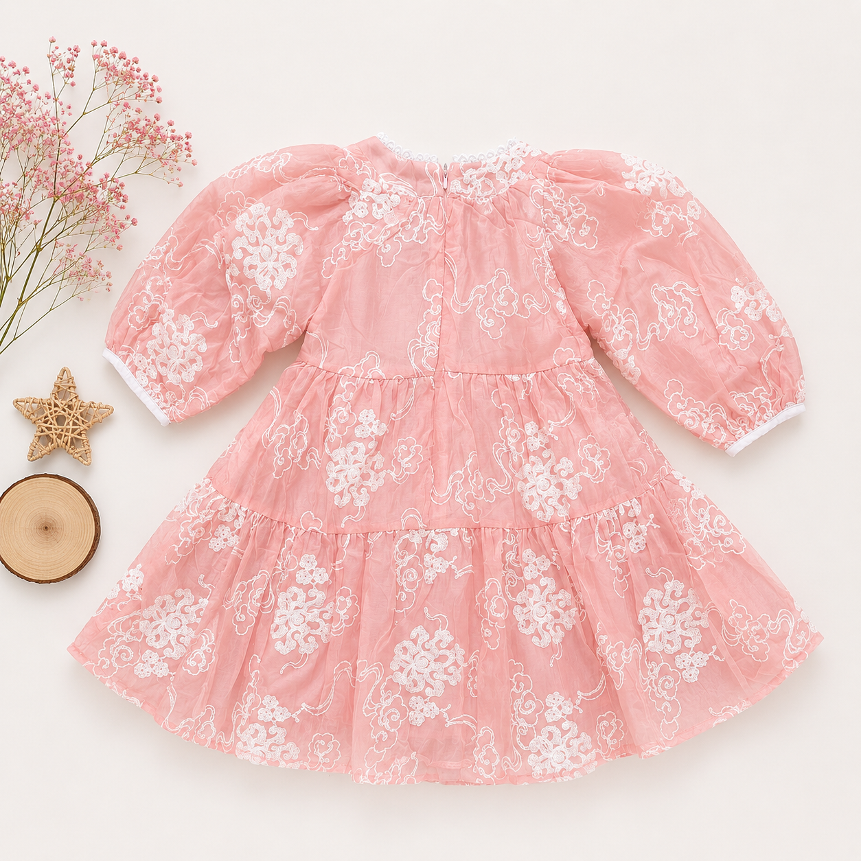 Ethereal Organza Tiered Dress with White Cloud Embroidery