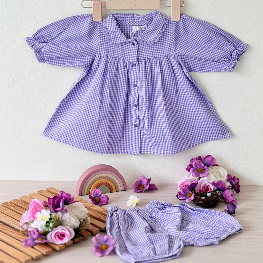 Lavender Gingham Ruffle Smock & Bloomer Set