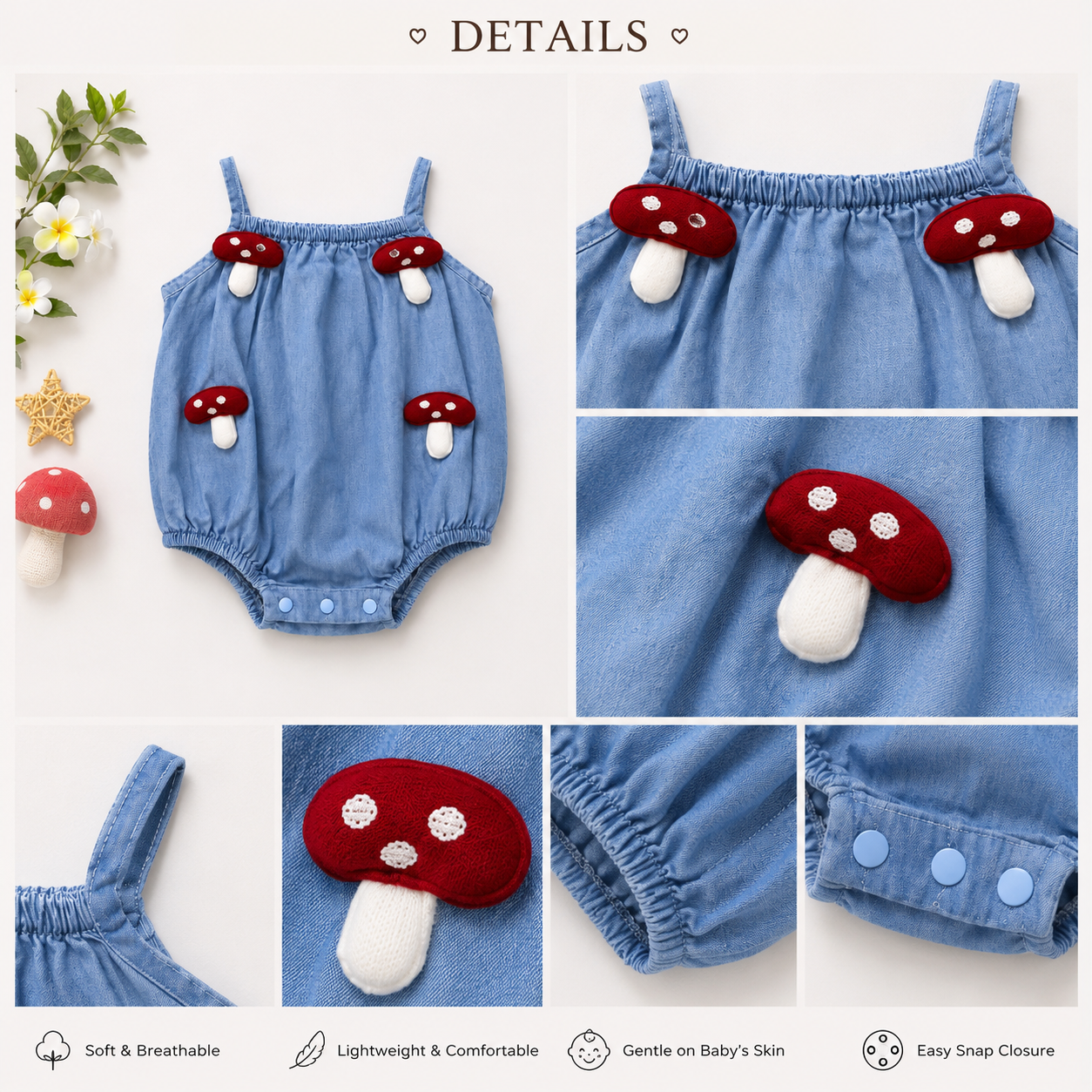 Baby Girls Blue Mushroom Appliqué Bubble Romper | Sleeveless Cotton Summer Outfit