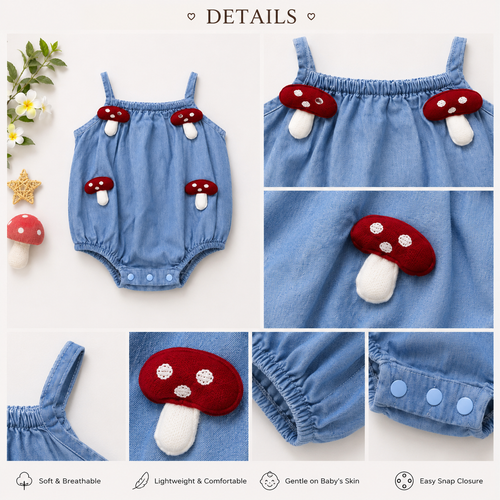 Baby Girls Blue Mushroom Appliqué Bubble Romper | Sleeveless Cotton Summer Outfit