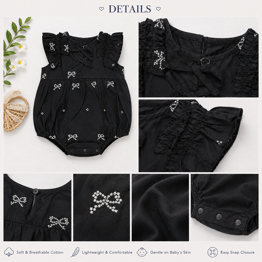 Baby Girls Black Bow Print Bubble Romper with Ruffle Sleeves