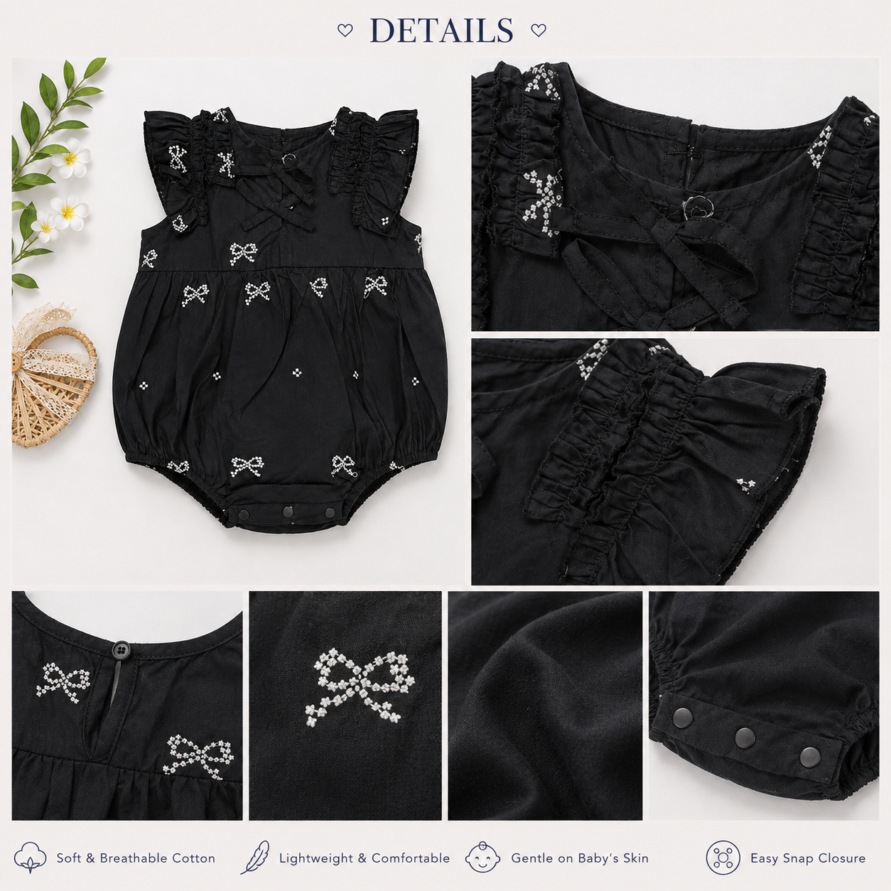 Baby Girls Black Bow Print Bubble Romper with Ruffle Sleeves