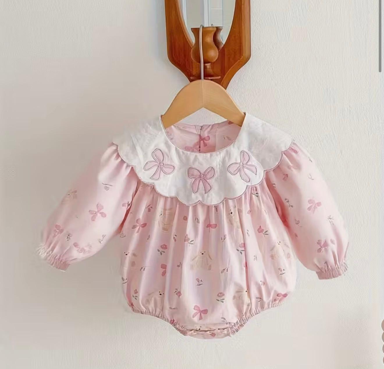 Baby Girl Pink Printed Romper Dress with Bow Collar