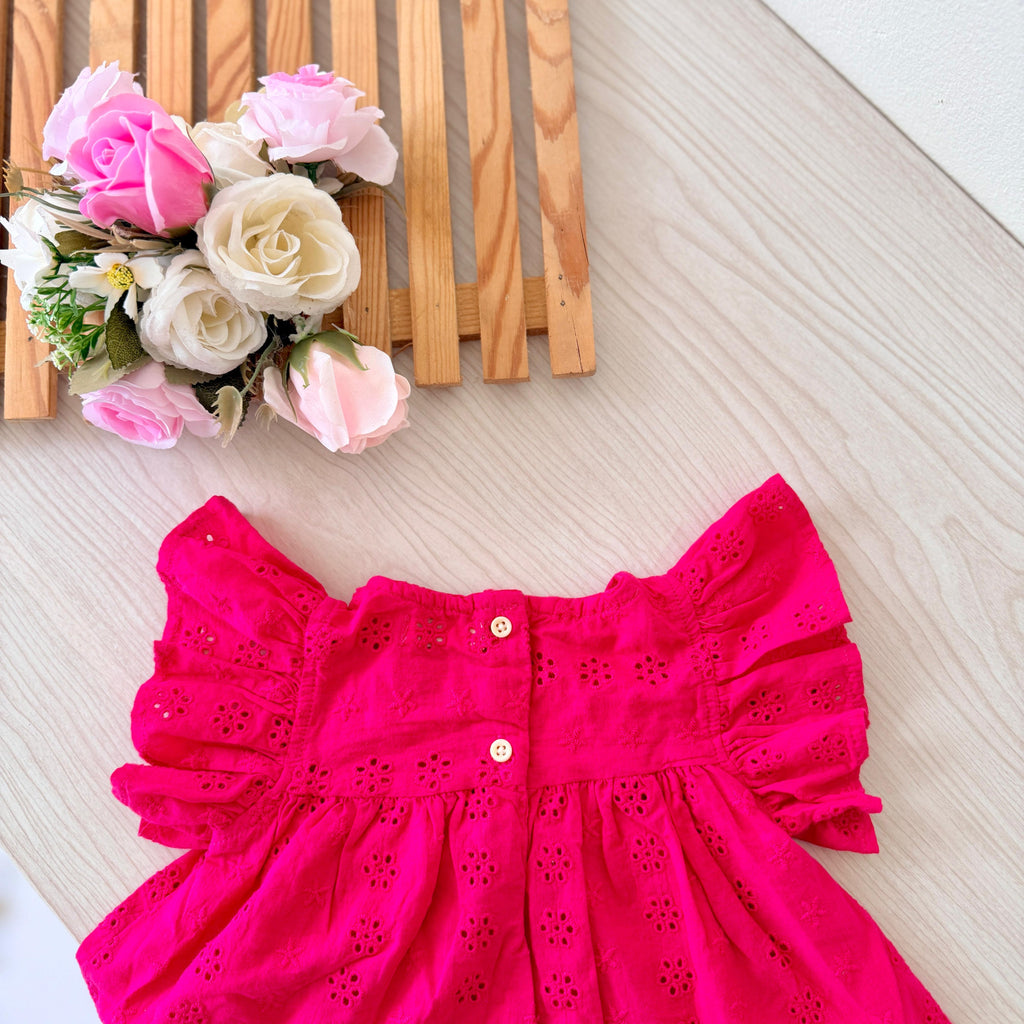 Vibrant Fuchsia Eyelet Flutter-Sleeve Top & Ruffled Shorts Set