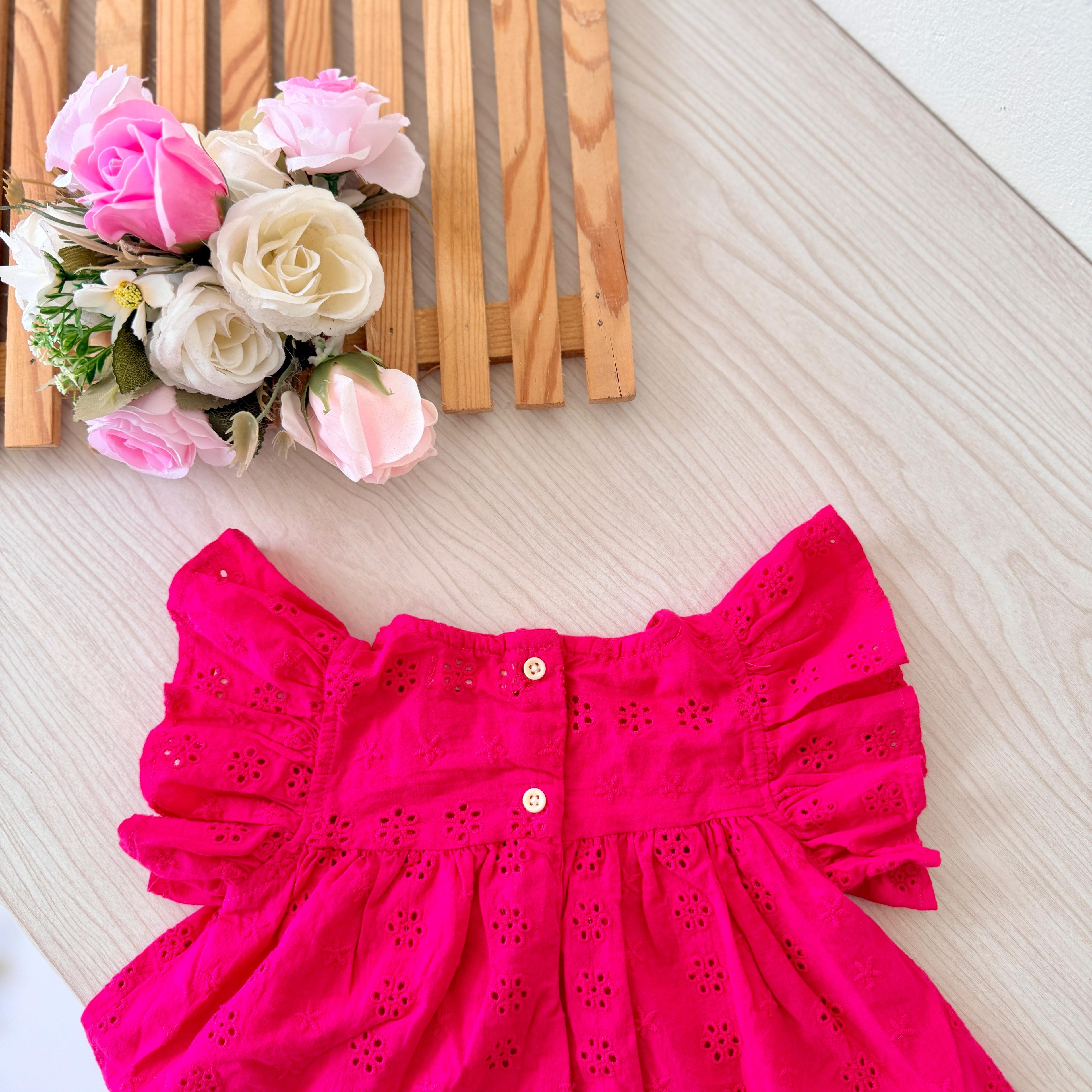 Vibrant Fuchsia Eyelet Flutter-Sleeve Top & Ruffled Shorts Set