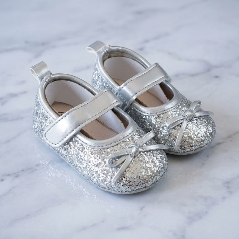 Silver Sparkle & Metallic Bow Mary Janes