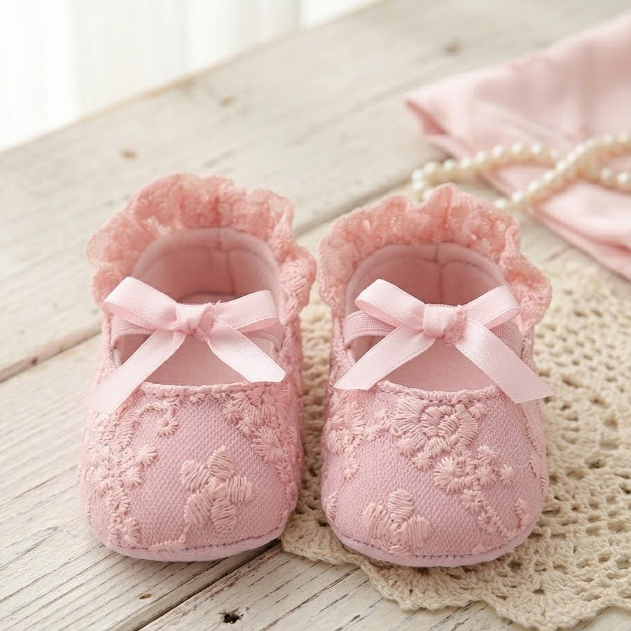 Pastel Pink Floral Lace Ruffle Ballet Booties