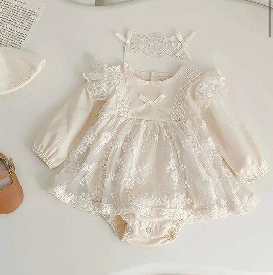 White Lace Baby Dress Romper with Bow | Premium Baby Girl Occasion Wear