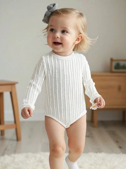 White Knit Baby Girl Romper | Soft Long Sleeve Infant Bodysuit