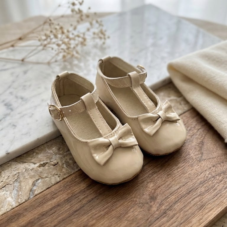Cream Patent T-Strap Bow Flats