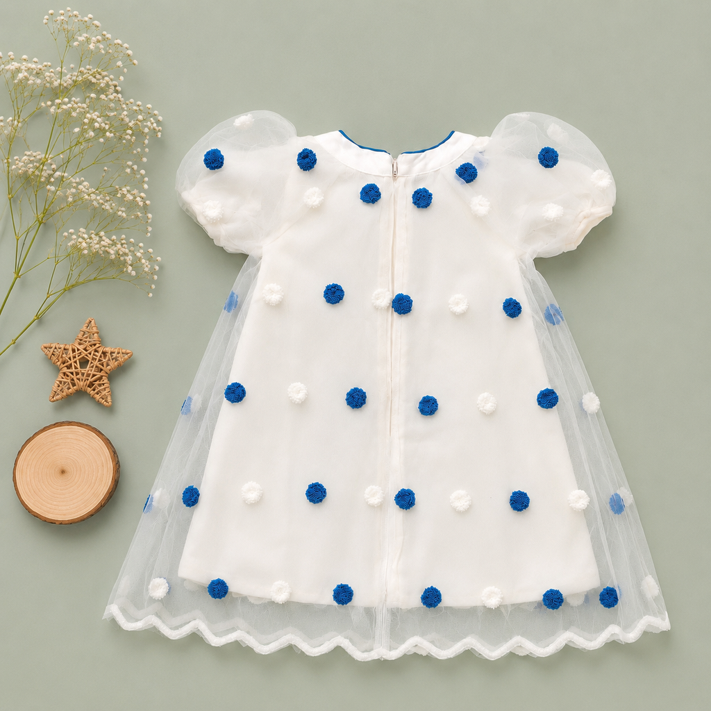 Polka Dot Tulle Overlay Frock, Blue & Pink