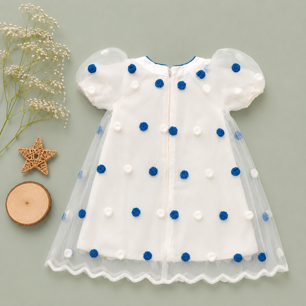 Polka Dot Tulle Overlay Frock, Blue & Pink