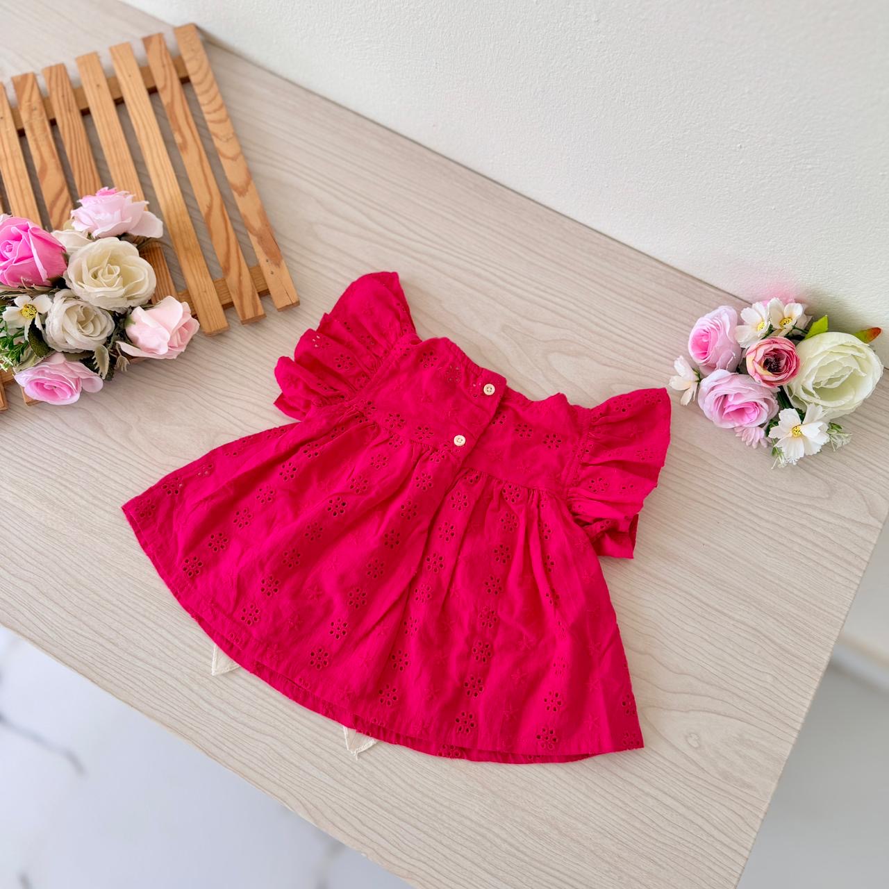 Vibrant Fuchsia Eyelet Flutter-Sleeve Top & Ruffled Shorts Set