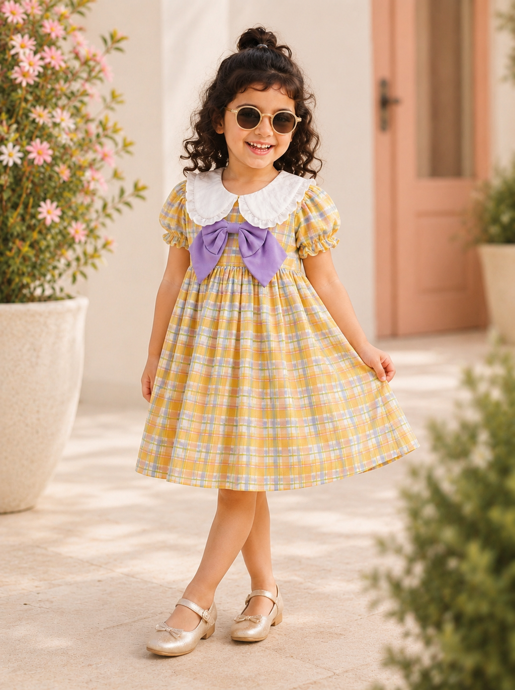 Plaid Puff Sleeve Dress with Peter Pan Collar